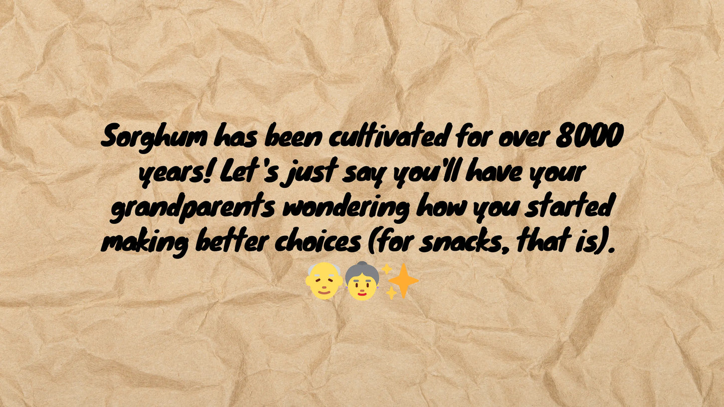 Text on a textured beige background about the cultivation of sorghum for over 8000 years.