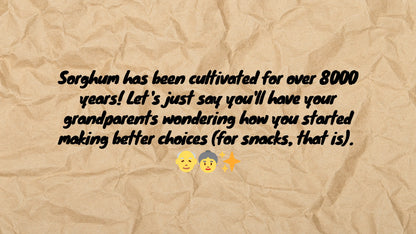 Text on a textured beige background about the cultivation of sorghum for over 8000 years.