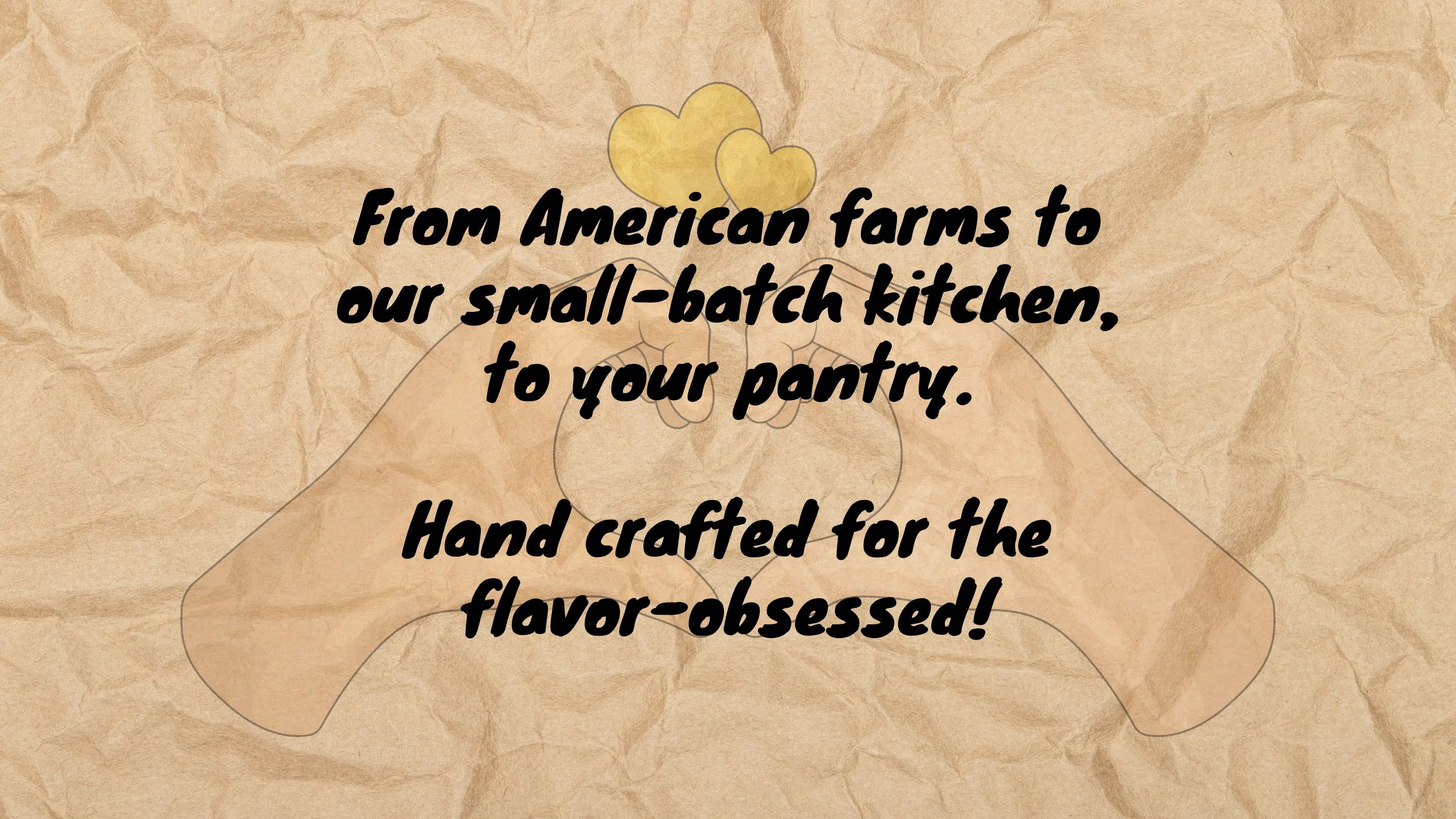 nomnomz brand value text on a crumpled brown paper background with two yellow hearts.