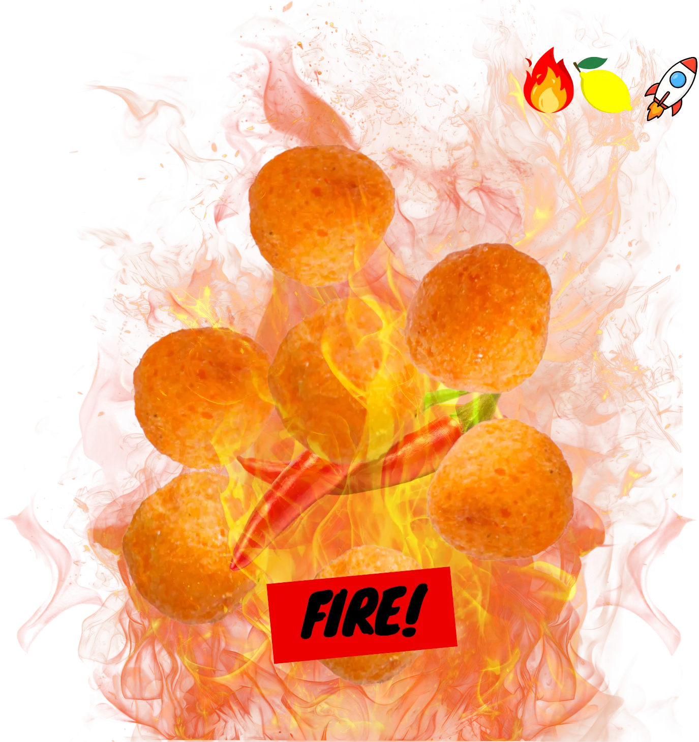 nomnomz spicy fire sorghum puffs with flames and 'FIRE!' text on a white background