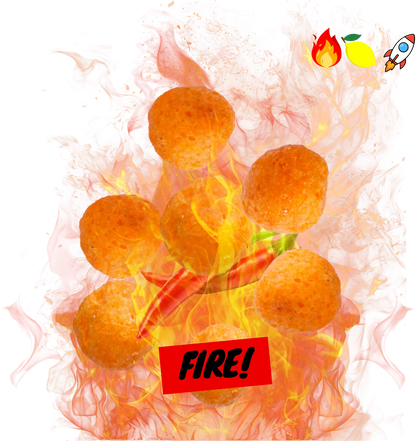 nomnomz spicy fire sorghum puffs with flames and 'FIRE!' text on a white background