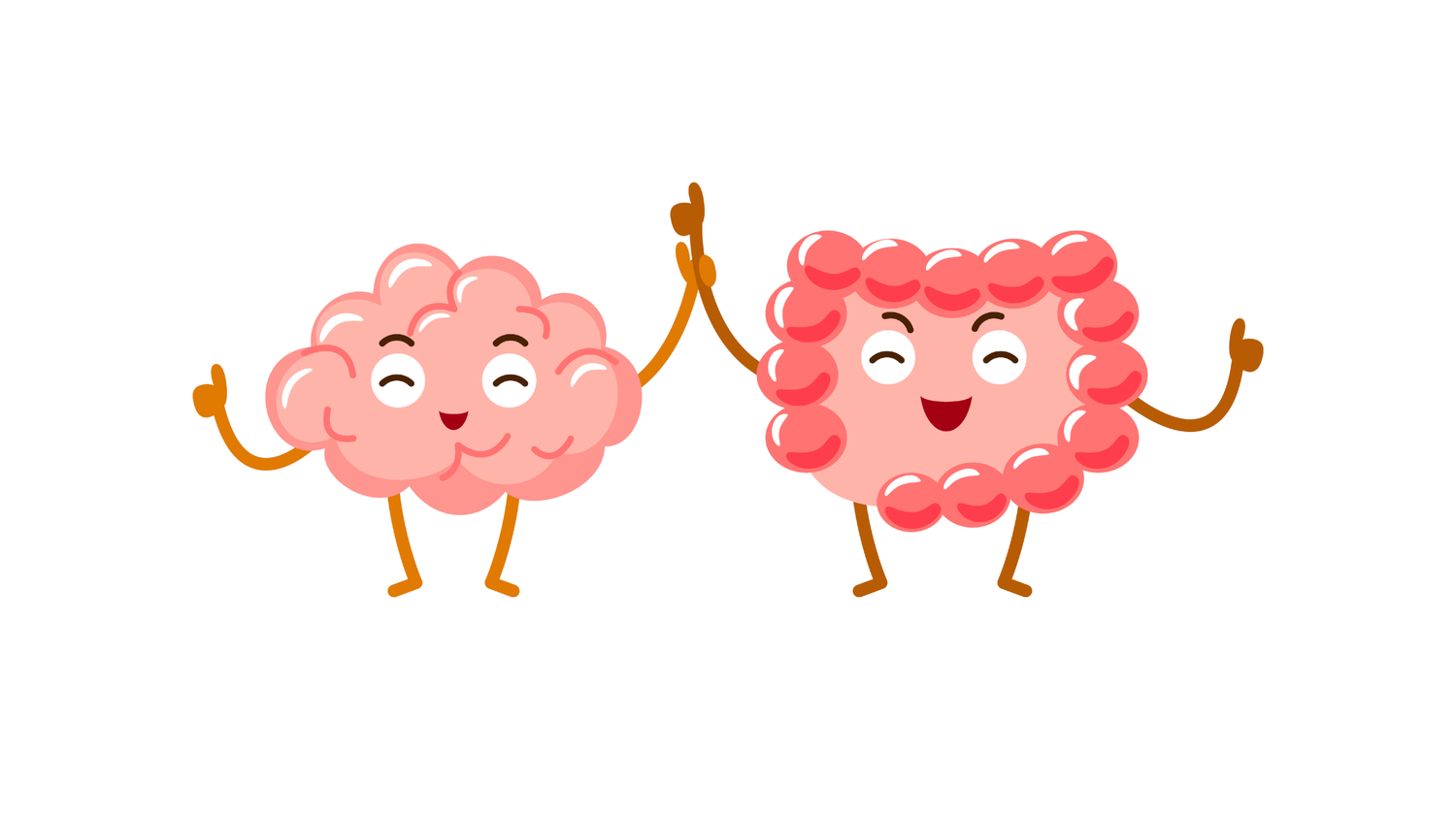 Two cartoon brain characters holding hands on a white background