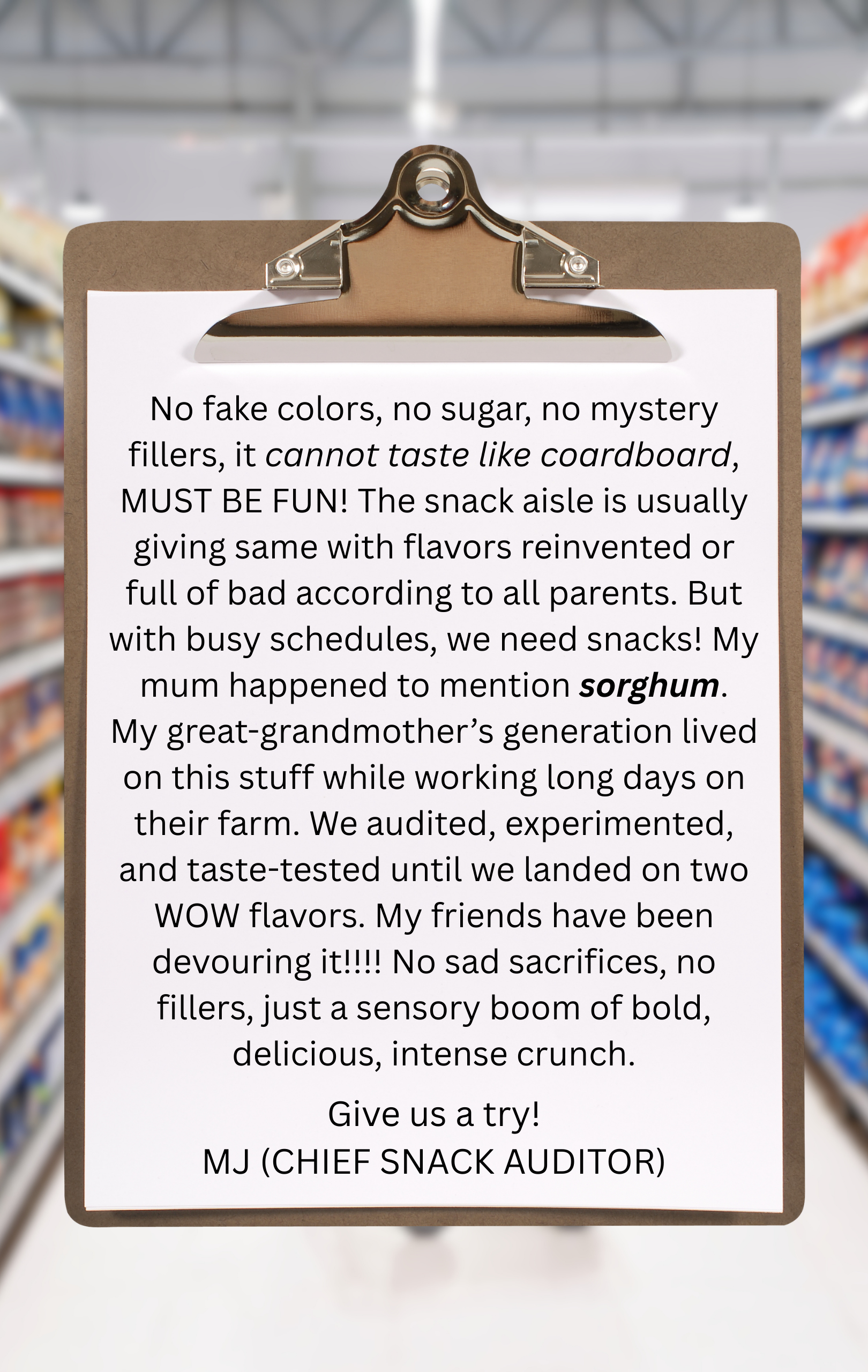 Clipboard with text in a grocery store setting sharing how nomnomz sorghum puffs got started