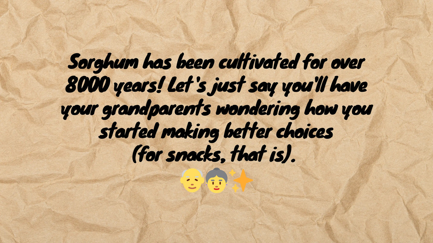 Text on a textured beige background about the cultivation of sorghum for over 8000 years.