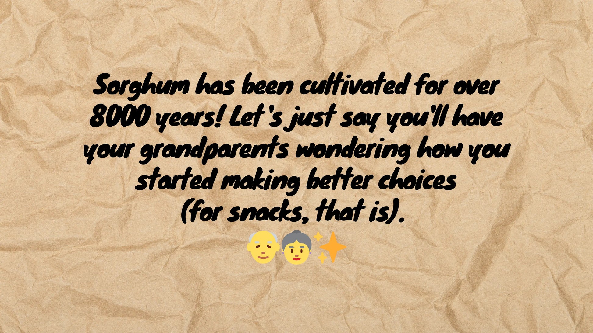 Text on a textured beige background about the cultivation of sorghum for over 8000 years.