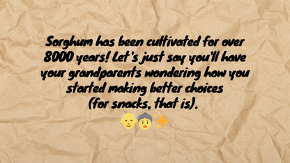 Text on a textured beige background about the cultivation of sorghum for over 8000 years.