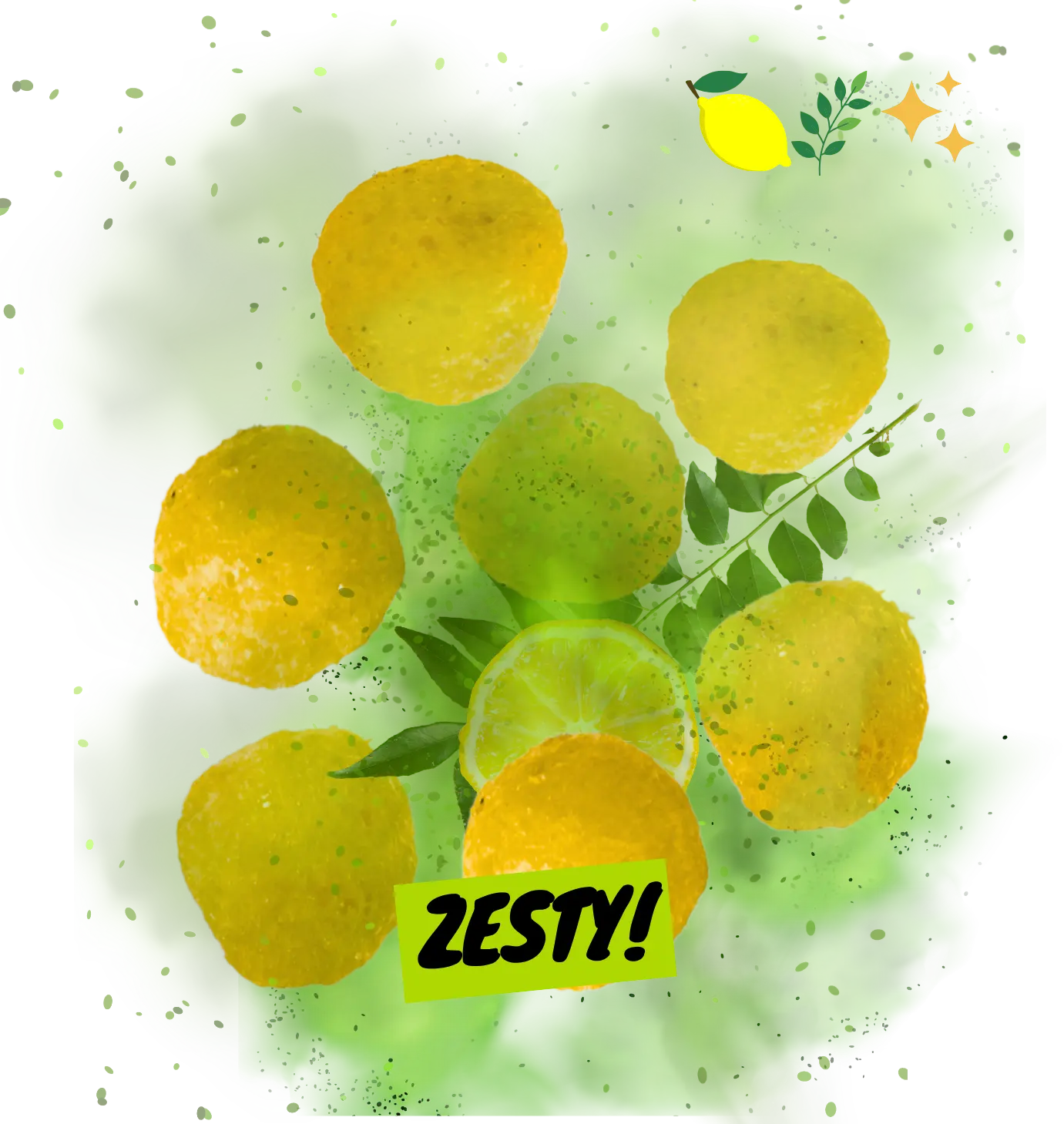 Lemons with a 'Zesty!' label on a green background
