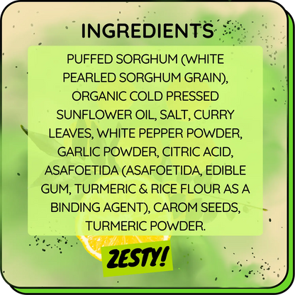 List of ingredients for zesty sorghum puffs product on a green background with 'Zesty!' branding.