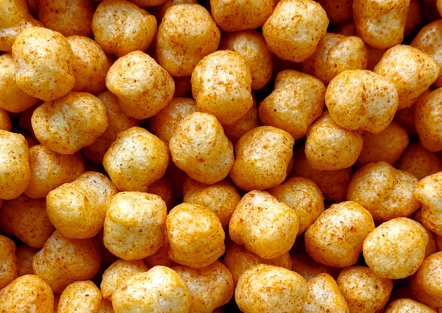 Close-up of a pile of spicy puffed snack balls made in charlotte nc