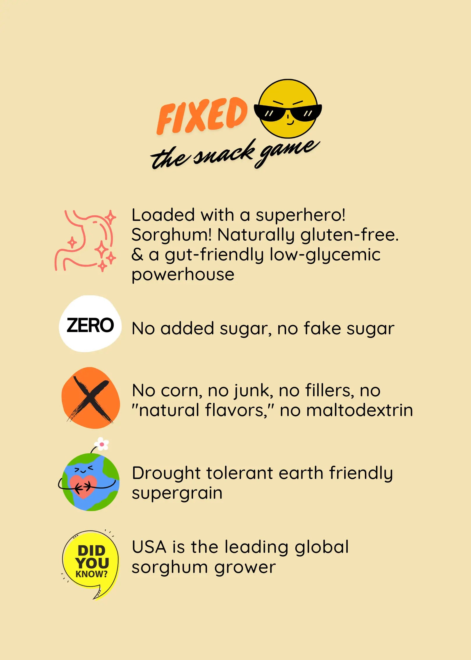 Product label for a sorghum snack, what they are made of and branding elements on a beige background.